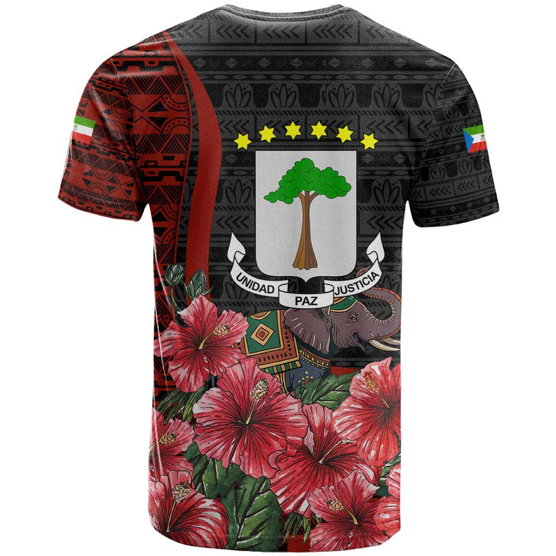 Equatorial Guinea Elephant with Hibiscus Flowers and Tribal Patterns T Shirt