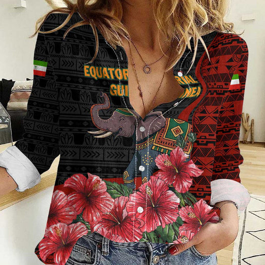 Equatorial Guinea Elephant with Hibiscus Flowers and Tribal Patterns Women Casual Shirt