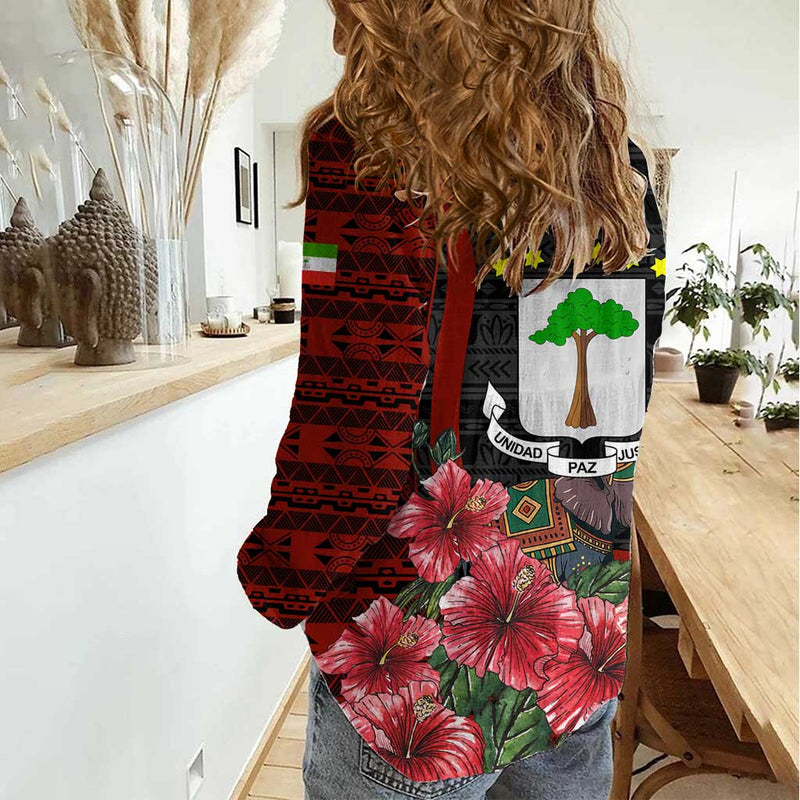 Equatorial Guinea Elephant with Hibiscus Flowers and Tribal Patterns Women Casual Shirt