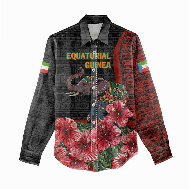 Equatorial Guinea Elephant with Hibiscus Flowers and Tribal Patterns Women Casual Shirt