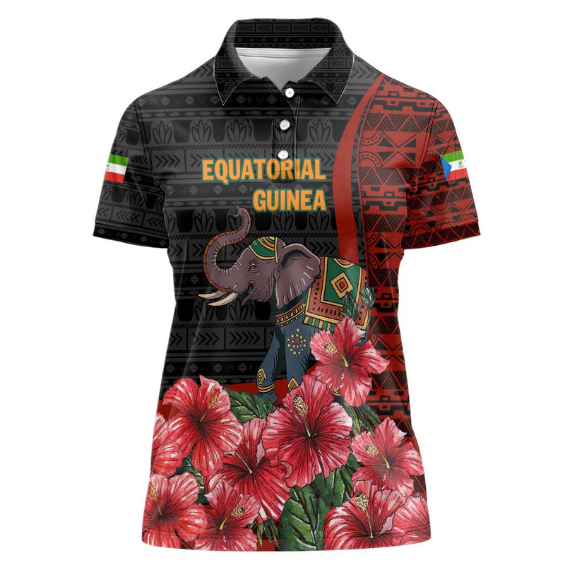 Equatorial Guinea Elephant with Hibiscus Flowers and Tribal Patterns Women Polo Shirt