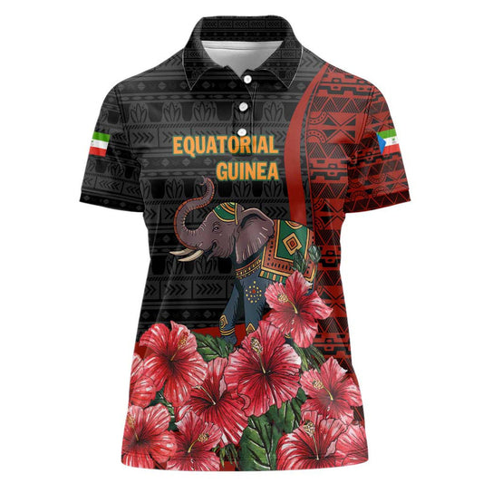 Equatorial Guinea Elephant with Hibiscus Flowers and Tribal Patterns Women Polo Shirt