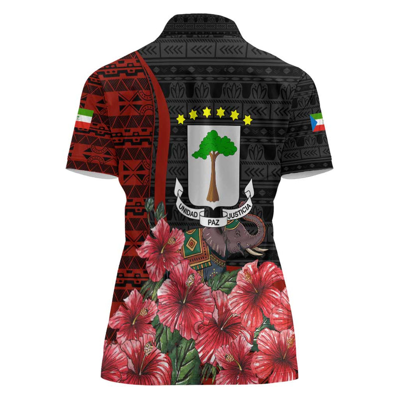 Equatorial Guinea Elephant with Hibiscus Flowers and Tribal Patterns Women Polo Shirt