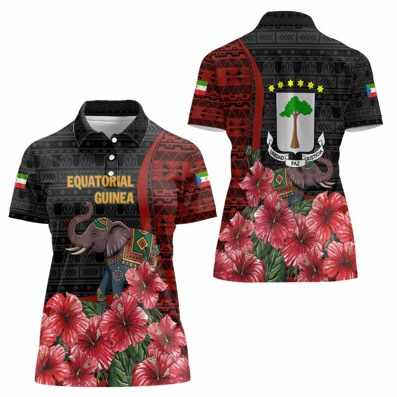 Equatorial Guinea Elephant with Hibiscus Flowers and Tribal Patterns Women Polo Shirt