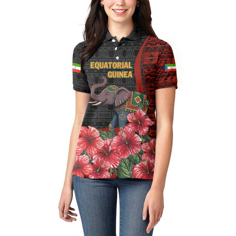 Equatorial Guinea Elephant with Hibiscus Flowers and Tribal Patterns Women Polo Shirt