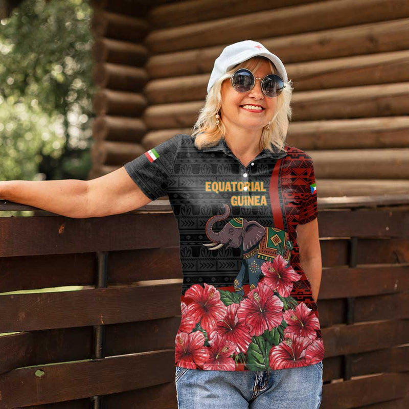 Equatorial Guinea Elephant with Hibiscus Flowers and Tribal Patterns Women Polo Shirt