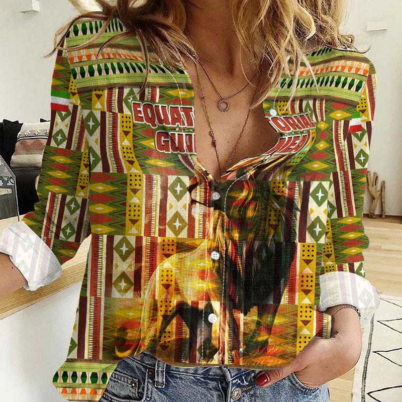 Equatorial Guinea with Lion Print and Traditional African Kente Patterns Women Casual Shirt
