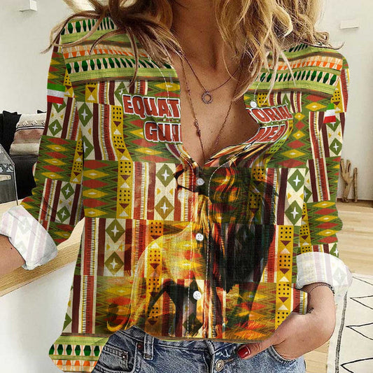 Equatorial Guinea with Lion Print and Traditional African Kente Patterns Women Casual Shirt