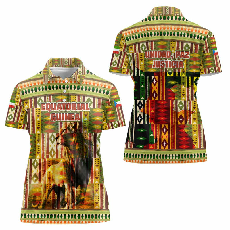 Equatorial Guinea with Lion Print and Traditional African Kente Patterns Women Polo Shirt