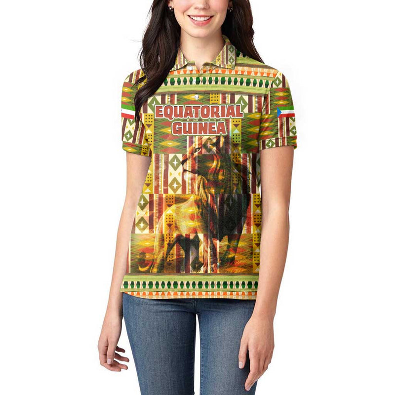 Equatorial Guinea with Lion Print and Traditional African Kente Patterns Women Polo Shirt