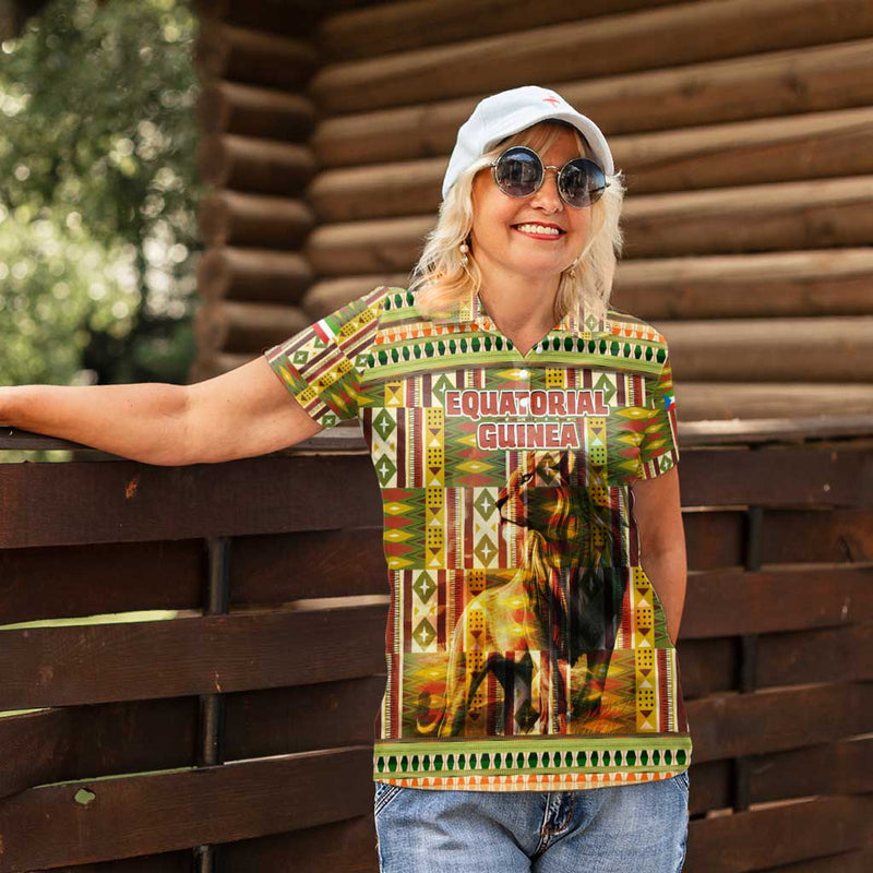 Equatorial Guinea with Lion Print and Traditional African Kente Patterns Women Polo Shirt