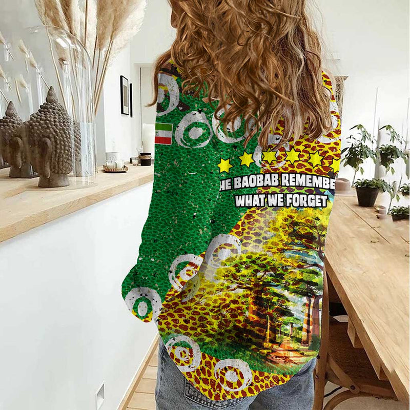 Equatorial Guinea Baobab Tree with Tribal Patterns and Heritage Quote Women Casual Shirt