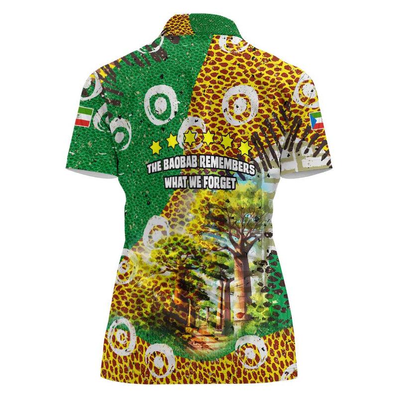 Equatorial Guinea Baobab Tree with Tribal Patterns and Heritage Quote Women Polo Shirt