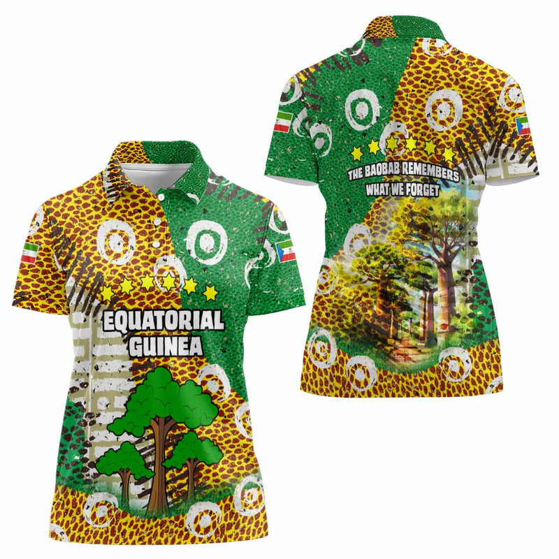 Equatorial Guinea Baobab Tree with Tribal Patterns and Heritage Quote Women Polo Shirt