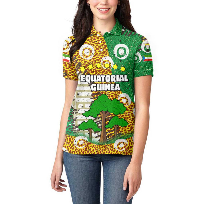 Equatorial Guinea Baobab Tree with Tribal Patterns and Heritage Quote Women Polo Shirt