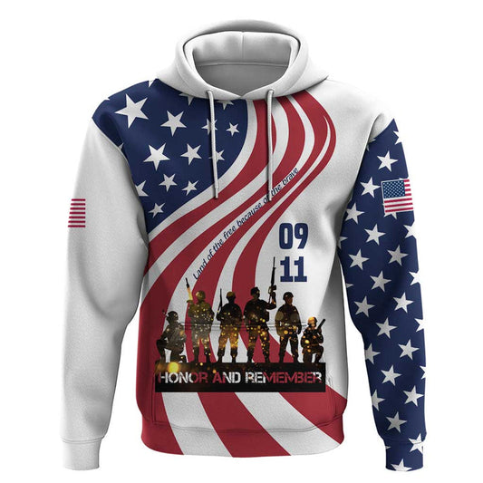 911 Memorial Hoodie Patriot Day American Flag and Soldier Silhouette Honor and Remember
