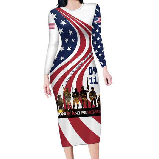 911 Memorial Patriot Day American Flag And Soldier Silhouette Honor And Remember Long Sleeve Bodycon Dress