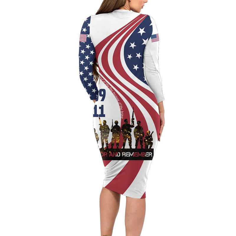 911 Memorial Patriot Day American Flag And Soldier Silhouette Honor And Remember Long Sleeve Bodycon Dress