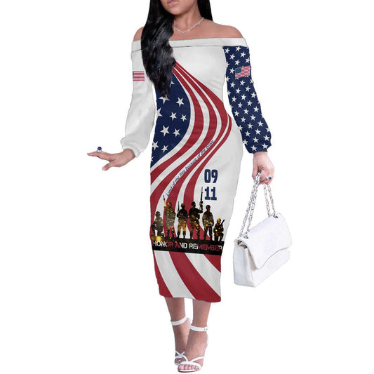 911 Memorial Patriot Day American Flag And Soldier Silhouette Honor And Remember Off The Shoulder Long Sleeve Dress