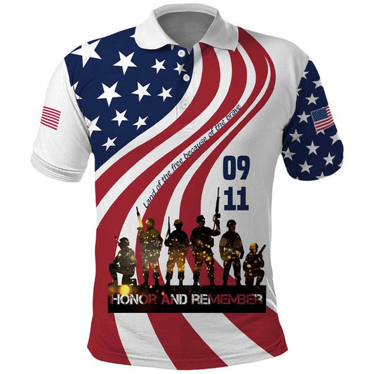911 Memorial Polo Shirt Patriot Day American Flag and Soldier Silhouette Honor and Remember