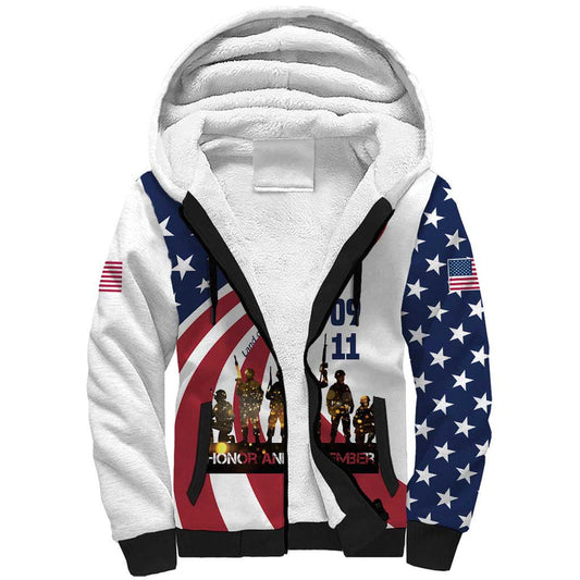 911 Memorial Patriot Day American Flag and Soldier Silhouette Honor and Remember Sherpa Hoodie