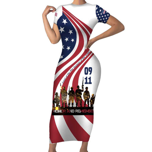 911 Memorial Patriot Day American Flag And Soldier Silhouette Honor And Remember Short Sleeve Bodycon Dress