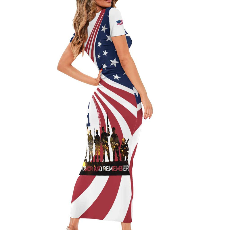 911 Memorial Patriot Day American Flag And Soldier Silhouette Honor And Remember Short Sleeve Bodycon Dress
