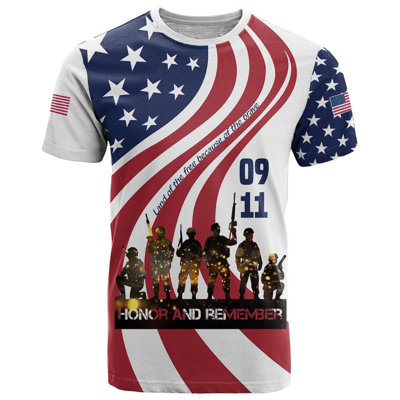 911 Memorial T Shirt Patriot Day American Flag and Soldier Silhouette Honor and Remember
