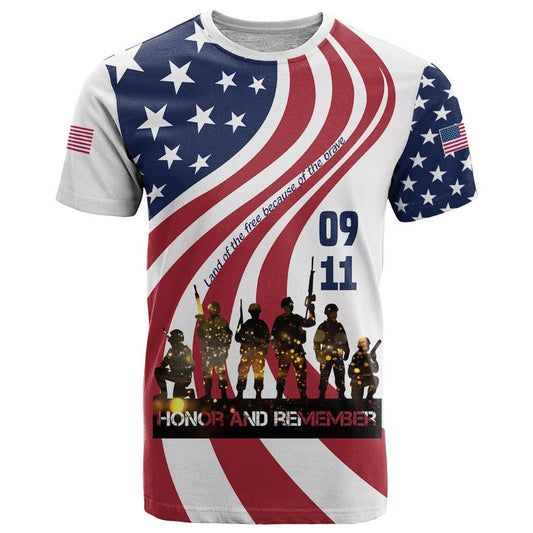 911 Memorial T Shirt Patriot Day American Flag and Soldier Silhouette Honor and Remember