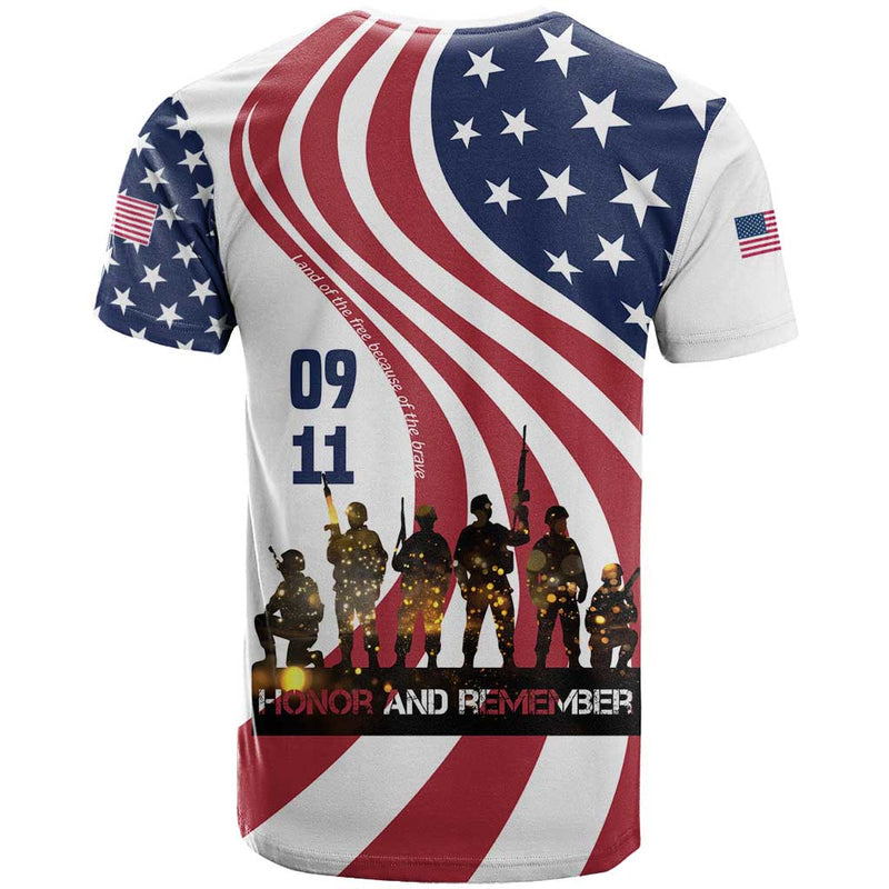911 Memorial T Shirt Patriot Day American Flag and Soldier Silhouette Honor and Remember