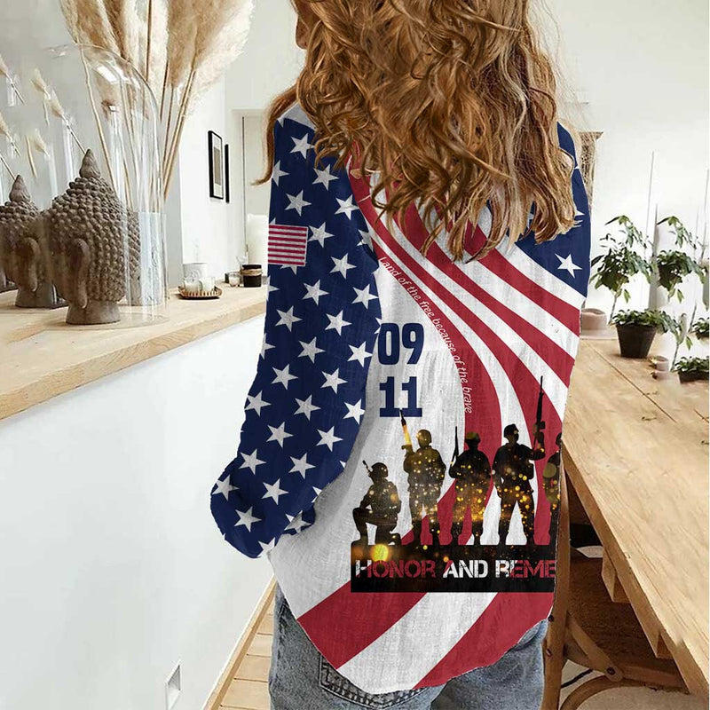911 Memorial Women Casual Shirt Patriot Day American Flag and Soldier Silhouette Honor and Remember