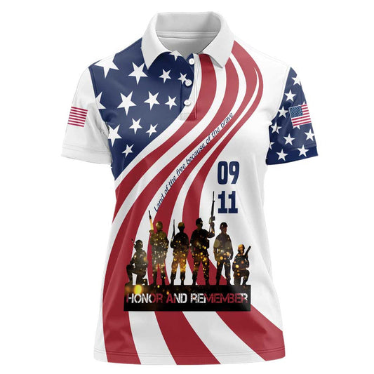 911 Memorial Patriot Day American Flag and Soldier Silhouette Honor and Remember Women Polo Shirt