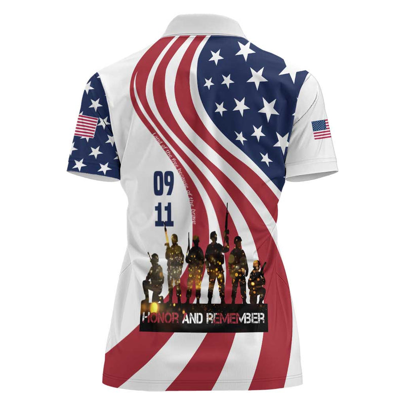 911 Memorial Women Polo Shirt Patriot Day American Flag and Soldier Silhouette Honor and Remember
