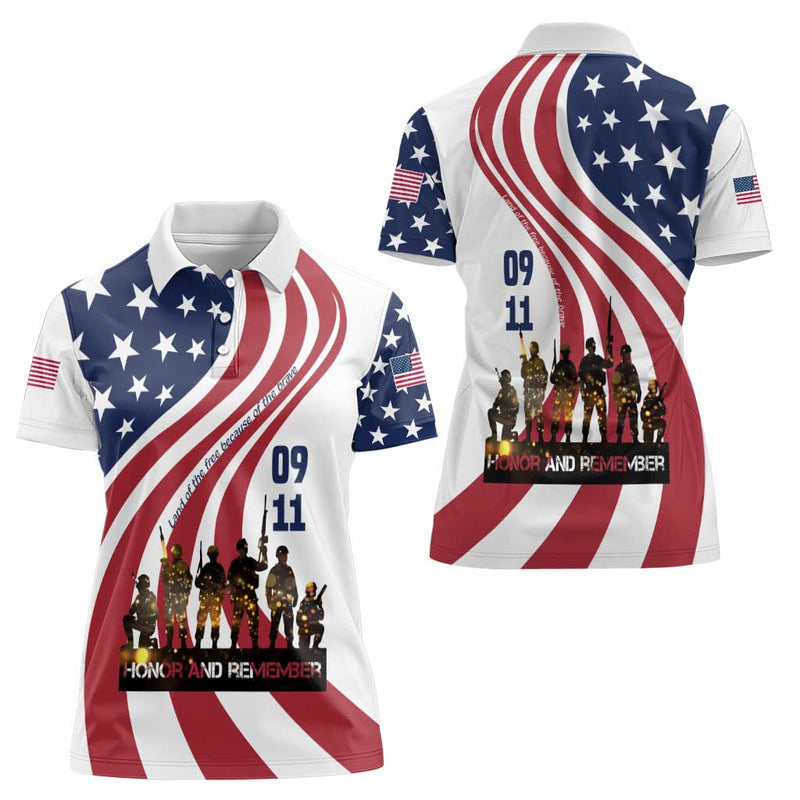 911 Memorial Patriot Day American Flag and Soldier Silhouette Honor and Remember Women Polo Shirt
