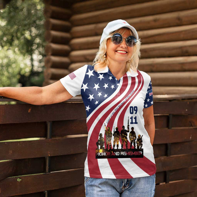 911 Memorial Patriot Day American Flag and Soldier Silhouette Honor and Remember Women Polo Shirt
