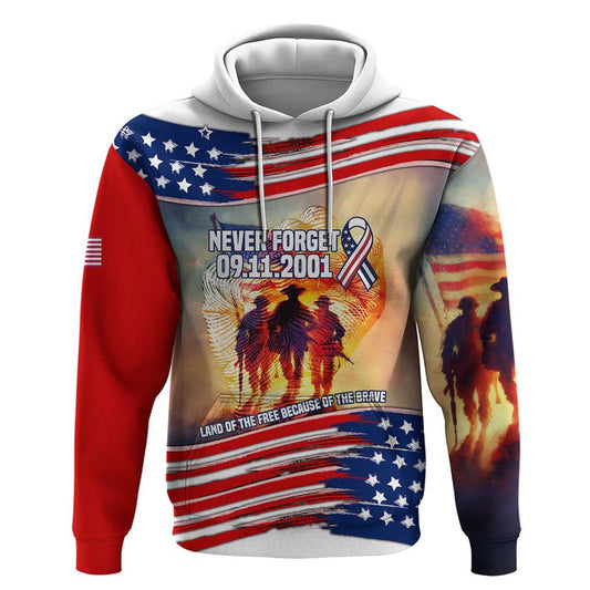 911 Memorial Patriot Day Hoodie American Flag and Soldier Tribute Never Forget