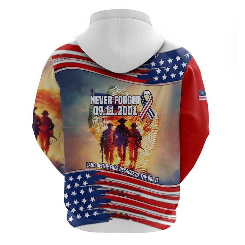911 Memorial Patriot Day Hoodie American Flag and Soldier Tribute Never Forget