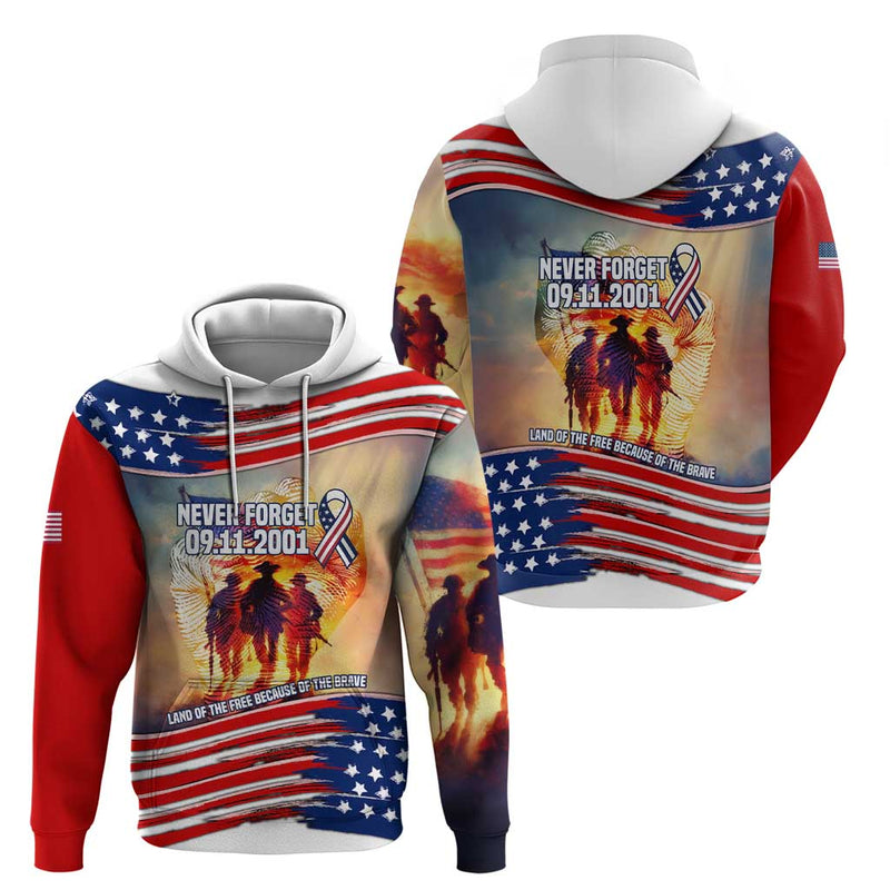 911 Memorial Patriot Day Hoodie American Flag and Soldier Tribute Never Forget