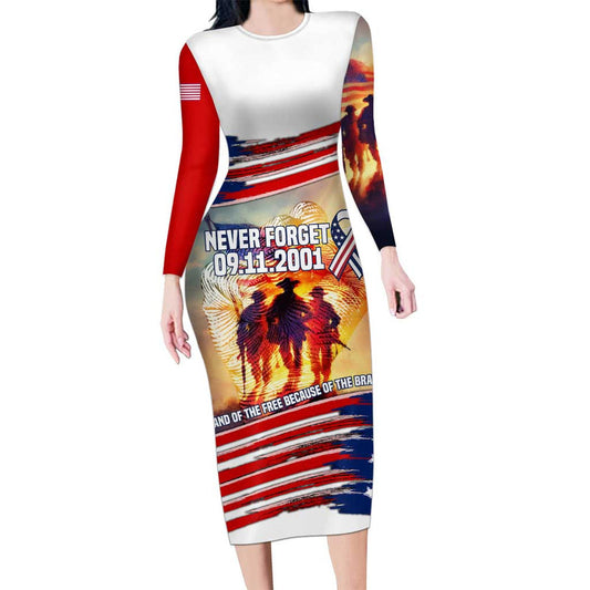 911 Memorial Patriot Day American Flag And Soldier Tribute Never Forget Long Sleeve Bodycon Dress