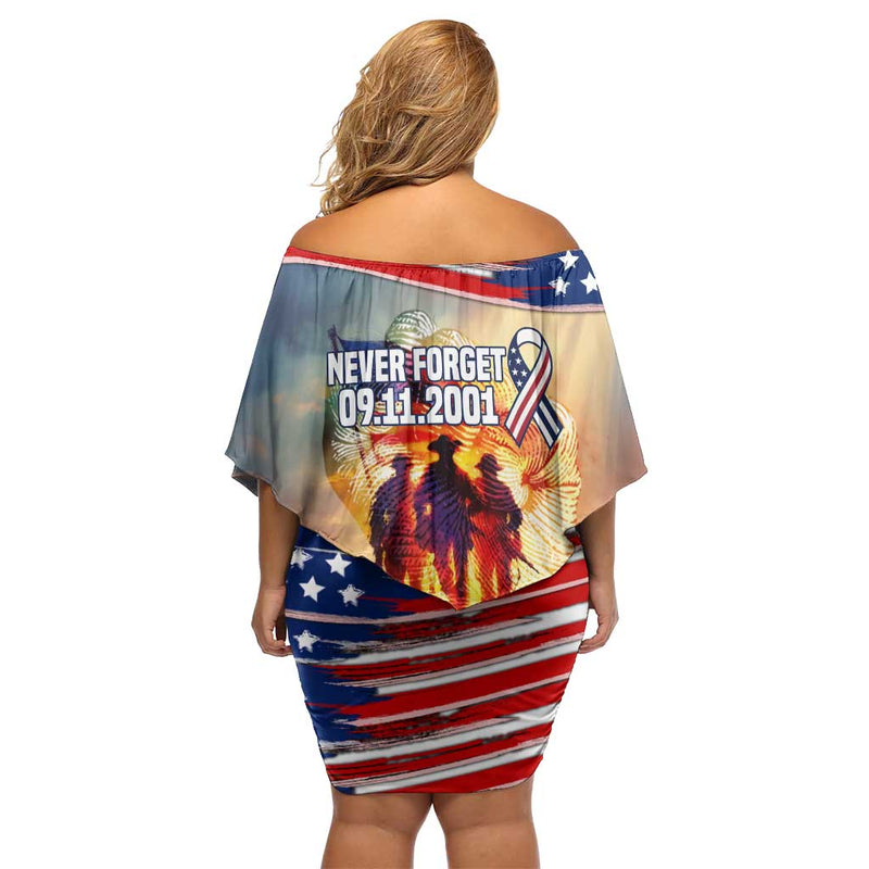 911 Memorial Patriot Day American Flag And Soldier Tribute Never Forget Off Shoulder Short Dress