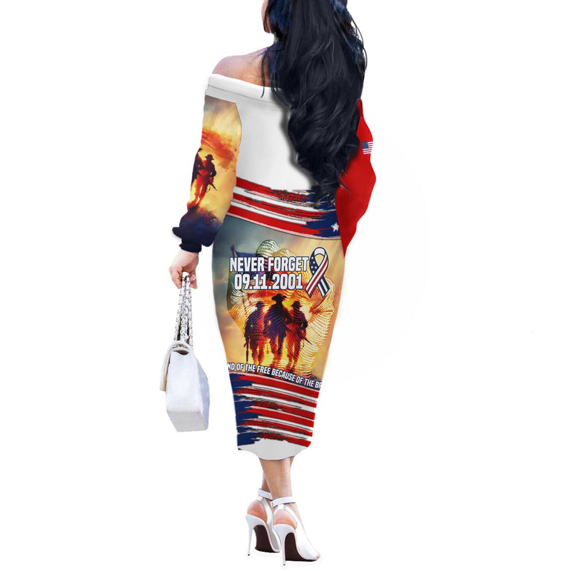 911 Memorial Patriot Day American Flag And Soldier Tribute Never Forget Off The Shoulder Long Sleeve Dress