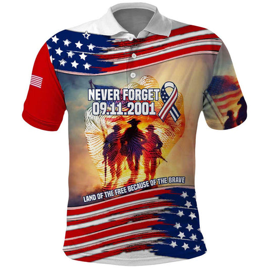 911 Memorial Patriot Day Polo Shirt American Flag and Soldier Tribute Never Forget