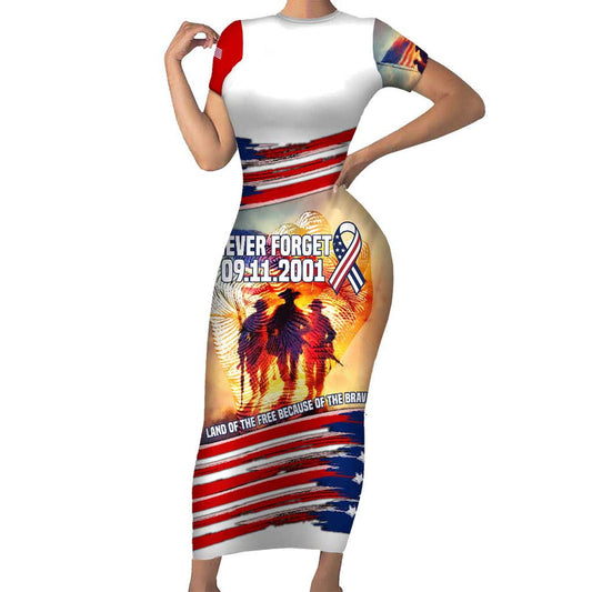 911 Memorial Patriot Day American Flag And Soldier Tribute Never Forget Short Sleeve Bodycon Dress