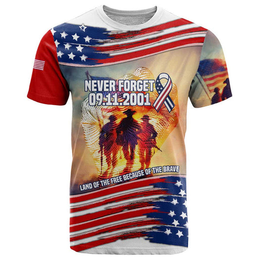 911 Memorial Patriot Day T Shirt American Flag and Soldier Tribute Never Forget