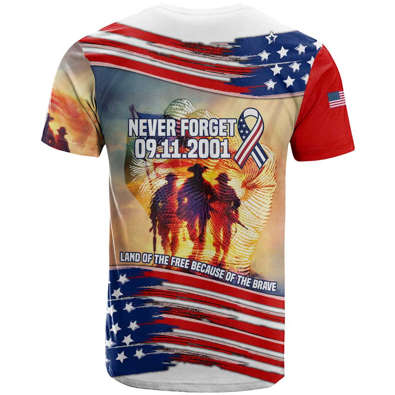911 Memorial Patriot Day T Shirt American Flag and Soldier Tribute Never Forget