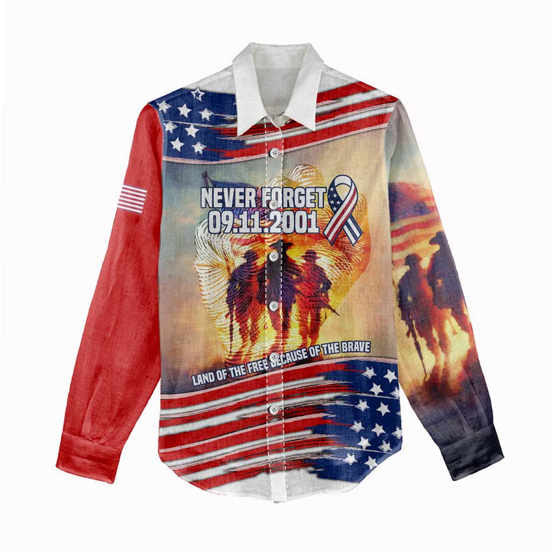 911 Memorial Patriot Day Women Casual Shirt American Flag and Soldier Tribute Never Forget