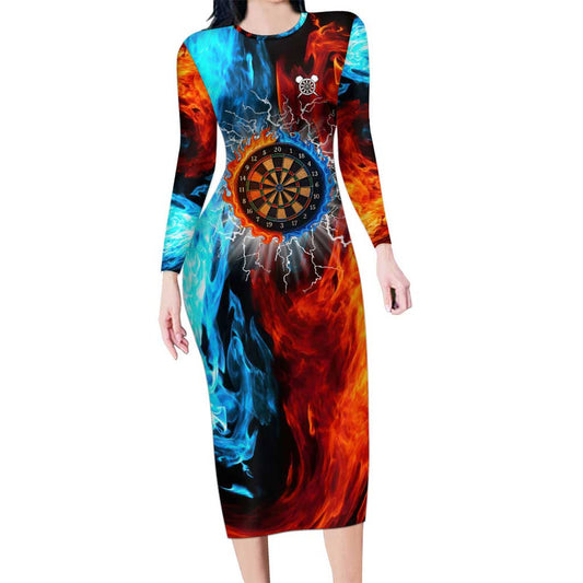 Custom Thunder Lightning Darts Dartboard Water Fire Long Sleeve Bodycon Dress