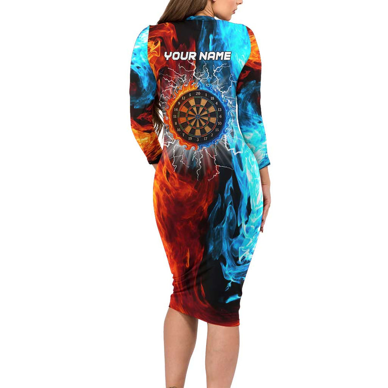 Custom Thunder Lightning Darts Dartboard Water Fire Long Sleeve Bodycon Dress