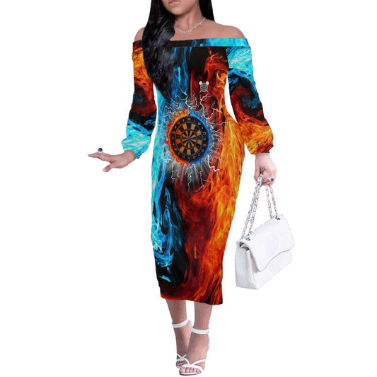 Custom Thunder Lightning Darts Dartboard Water Fire Off The Shoulder Long Sleeve Dress