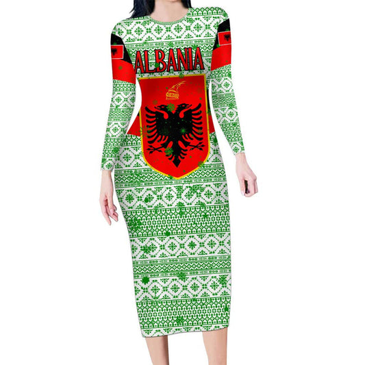 Albania Christmas With Green-red Design, Double-headed Eagle Emblem, And Santa Motif Long Sleeve Bodycon Dress